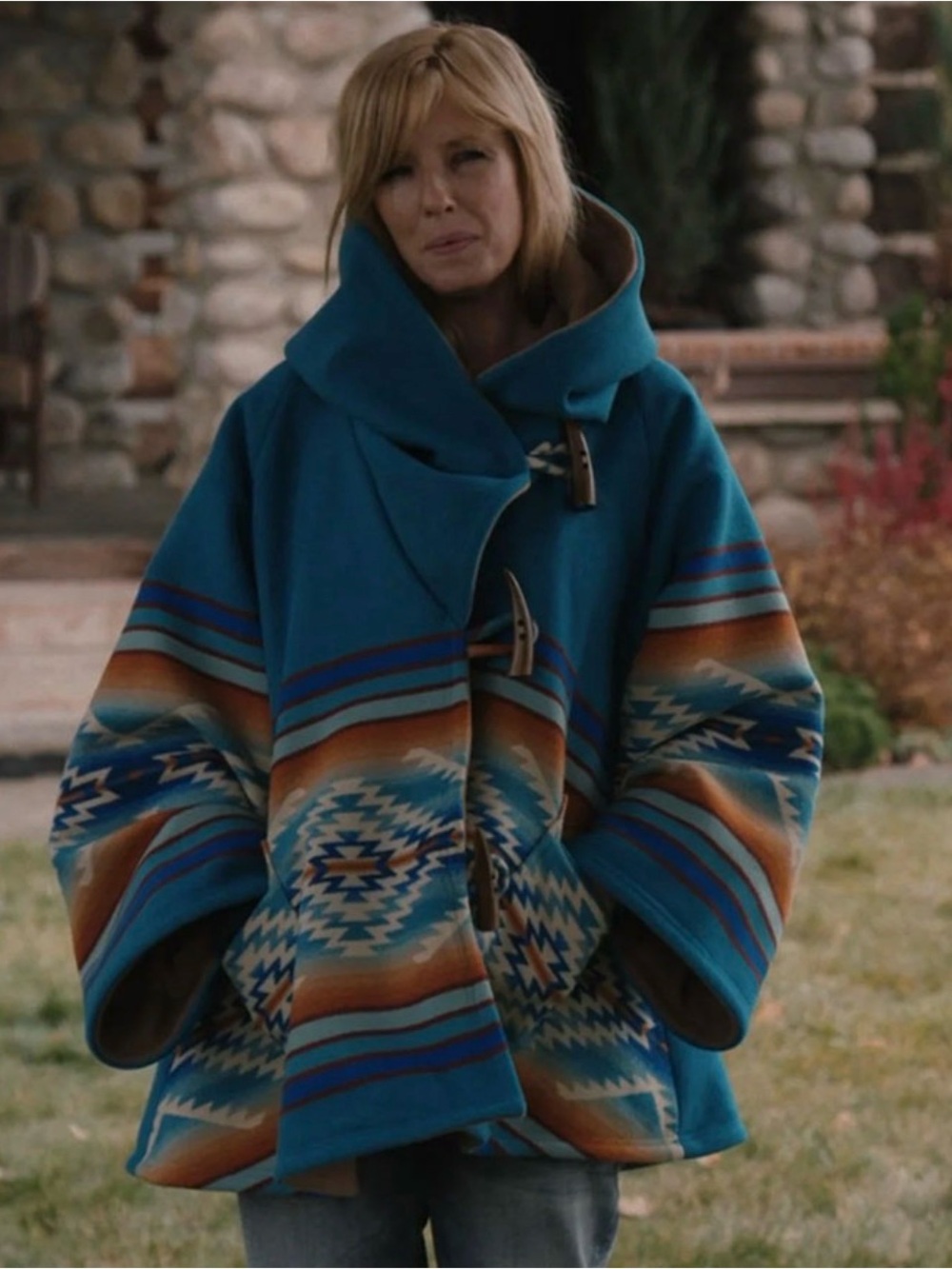 Vintage Horn Wool Blend Beth Dutton Inspried  Blue Hooded Jacket Poncho Coat - Picture 3 of 3